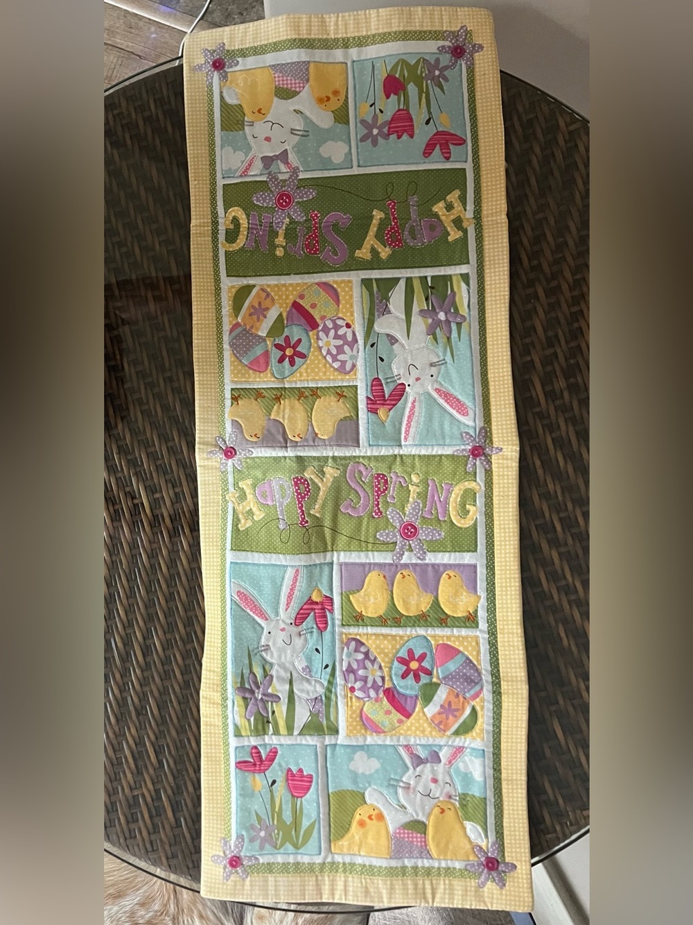 🌸 Happy Spring Easter Table Runner – Bunny, Chicks & Eggs – 36” 🌸